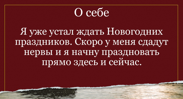 Я уже устал ждать Новогодних праздников. Скоро у меня сдадут нервы и я начну праздновать прямо здесь и сейчас.